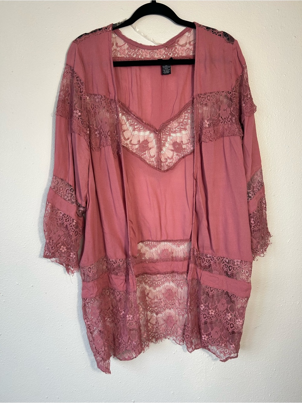 Rue21 Boho Mauve Pink Lace Crochet Trim Kimono Duster Cardigan L/XL Rayon